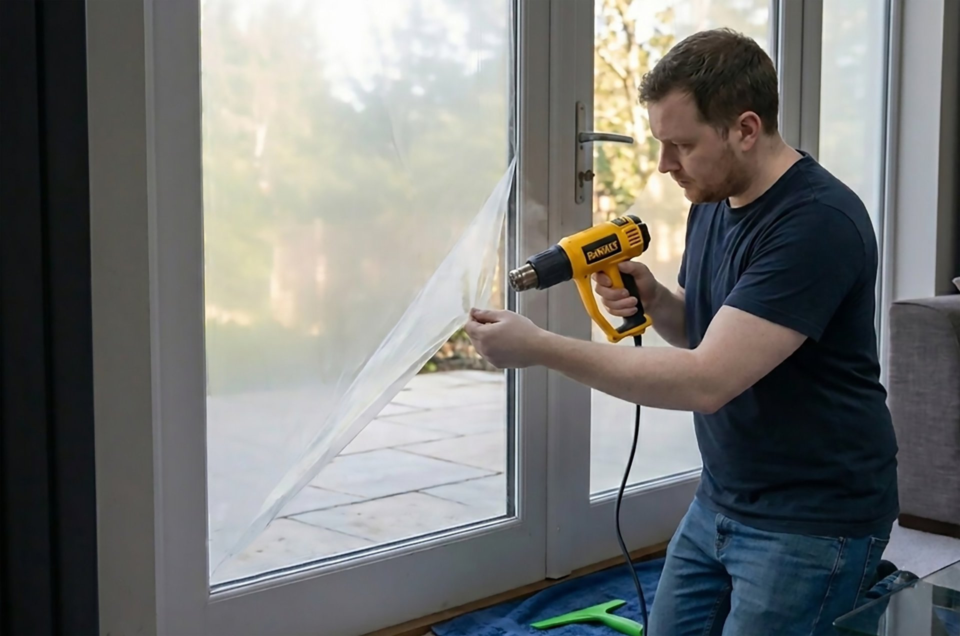 Man using a heat gun on a large window or glass panel during installation or renovation work