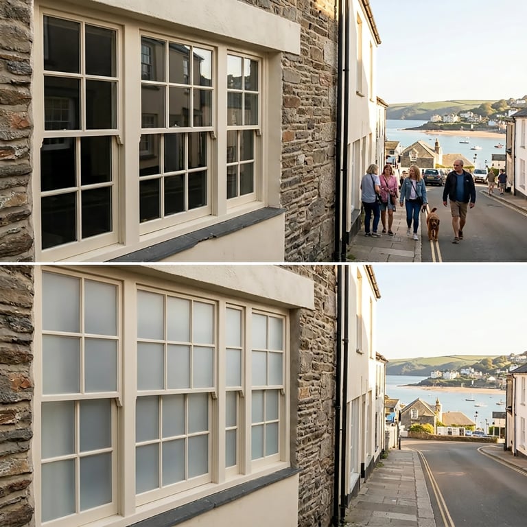 Before and after comparison of cream windows on a stone cottage overlooking a coastal beach town and harbor