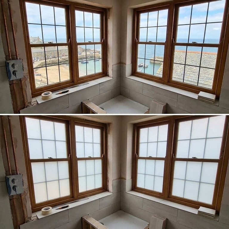 Before and after comparison of brown wooden window treatments in a corner room with beach views and tiled walls