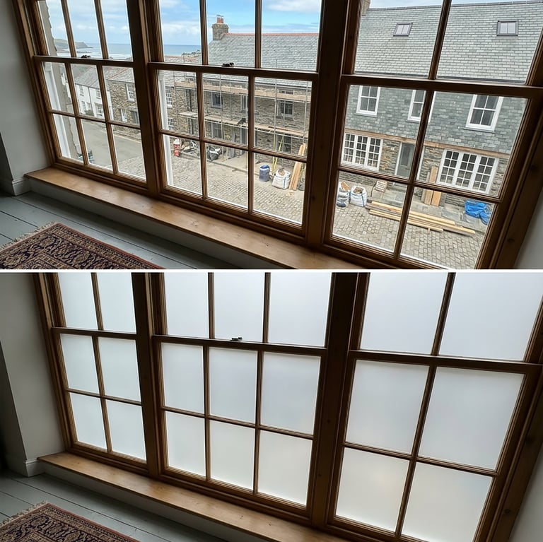 Before and after comparison of window with open view of townhouses and frosted glass privacy film applied