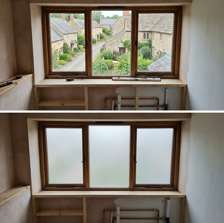 Before and after comparison of triple-pane wood-framed windows with clear and frosted glass views of a residential street