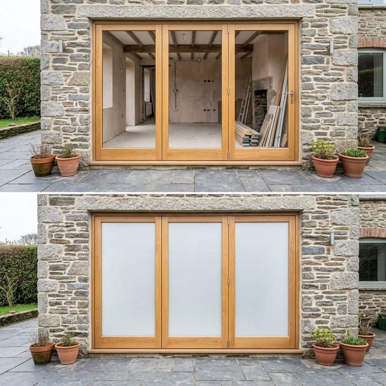 Before and after comparison of wooden bi-fold patio doors installed on a stone home exterior, showing open and closed configurations