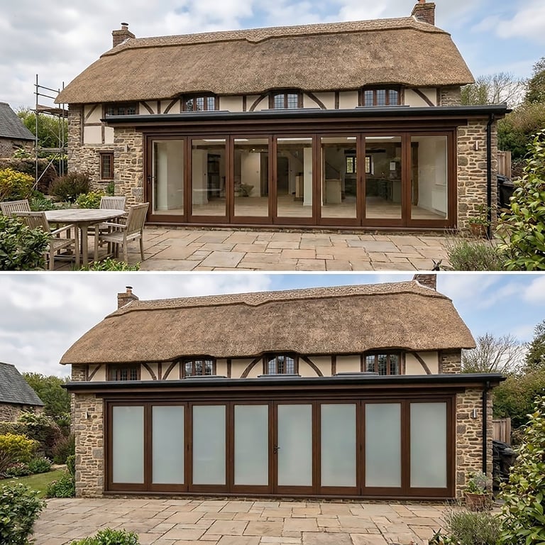 Before and after comparison of a thatched cottage extension showing modern bifold doors added to the rear facade.