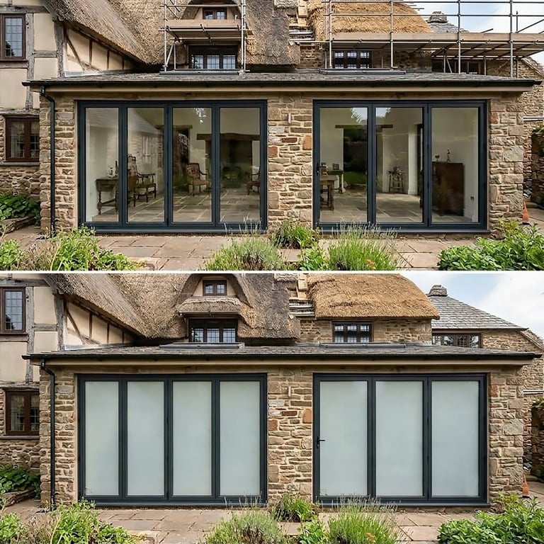 Before and after comparison of a stone cottage exterior renovation showing glass door and window upgrades with modern black frames