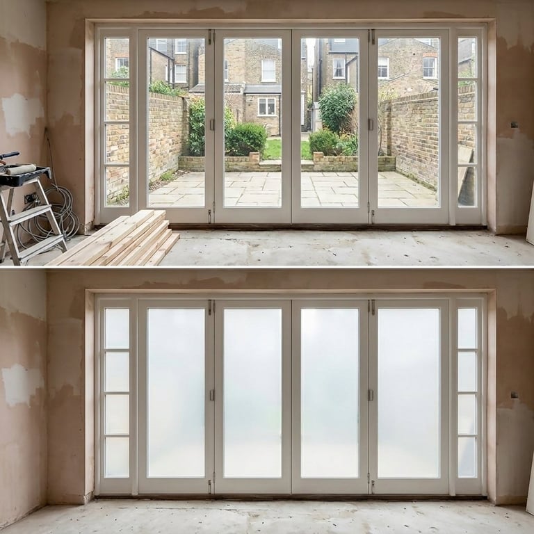 Before and after comparison of bi-fold patio doors, top showing open doors with courtyard view, bottom showing closed frosted glass doors