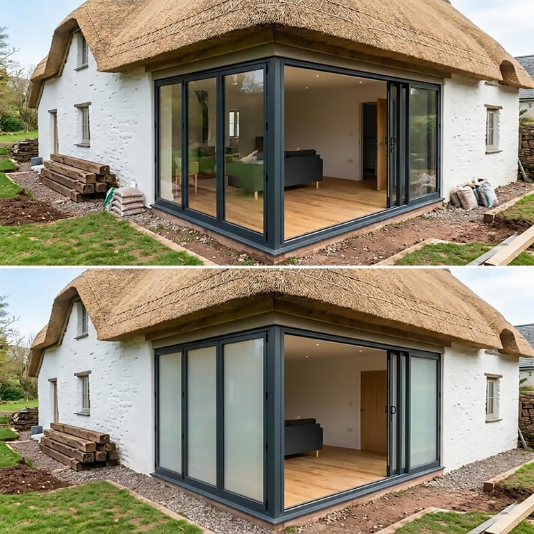 Before and after comparison of a thatched cottage extension with large sliding glass doors opening to wooden terrace