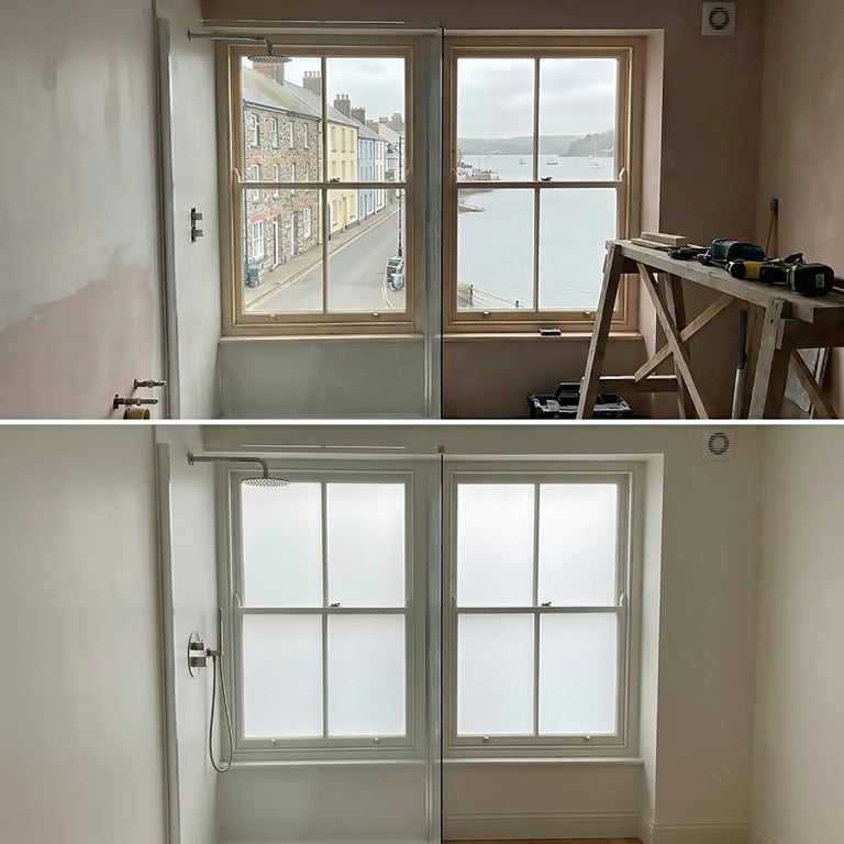 Before and after comparison of window installation showing construction phase with open view above and completed frosted glass doors below