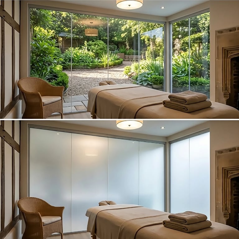 Before and after comparison of a spa room with garden views showing switchable smart glass transitioning from transparent to frosted privacy mode