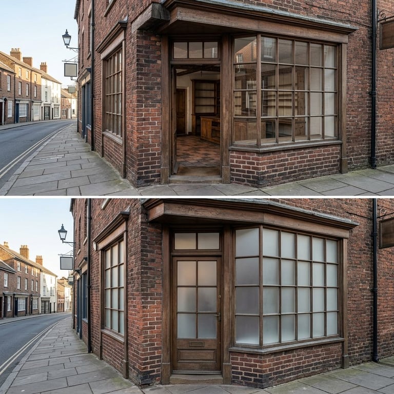 Before and after comparison of a historic brick storefront with updated window glazing and restoration