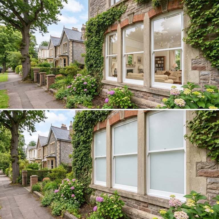 Before and after comparison of large stone home windows with ivy-covered walls and lush gardens, showing updated window installation