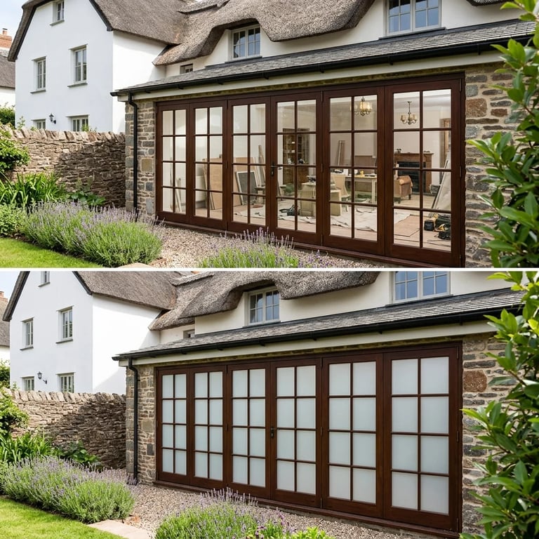 Comparison of brown wooden French doors on cottage with thatched roof, shown open in top image and closed in bottom image