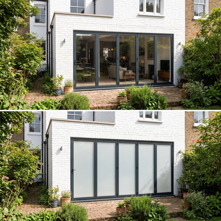 Two views of a white brick house with large black-framed glass sliding doors and windows opening onto a brick patio surrounded by greenery