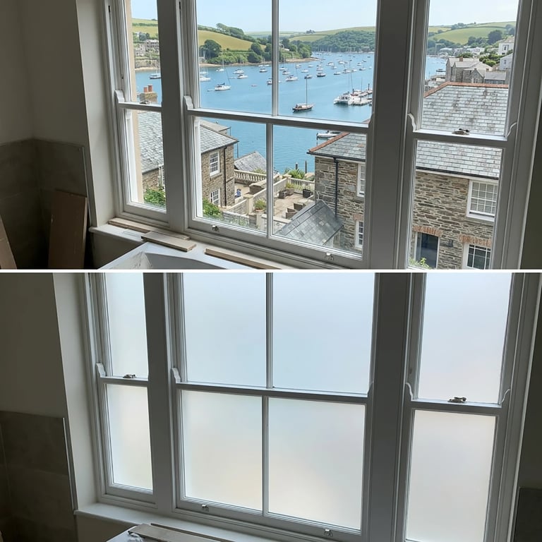 Two-panel window view comparison showing clear harbor view with sailboats above, frosted privacy glass below