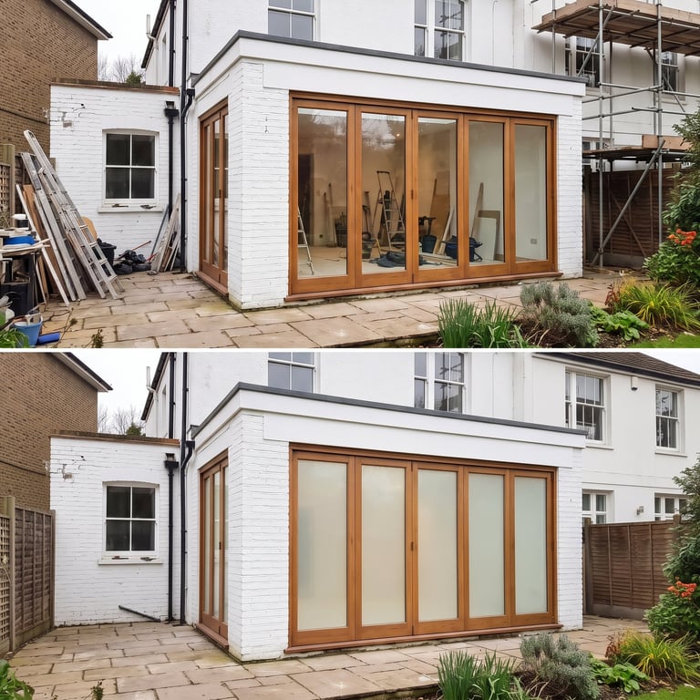 Before and after comparison of a modern white extension with wooden bi-fold doors and patio