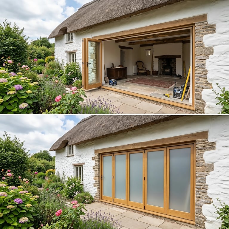 Before and after comparison of a thatched cottage with sliding glass patio doors open and closed