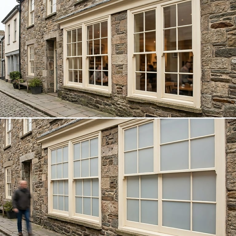 Before and after comparison of stone cottage windows, showing upgrade from traditional multi-pane to modern sash windows