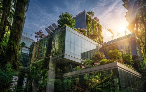 Modern building with green climbing vines and solar panels