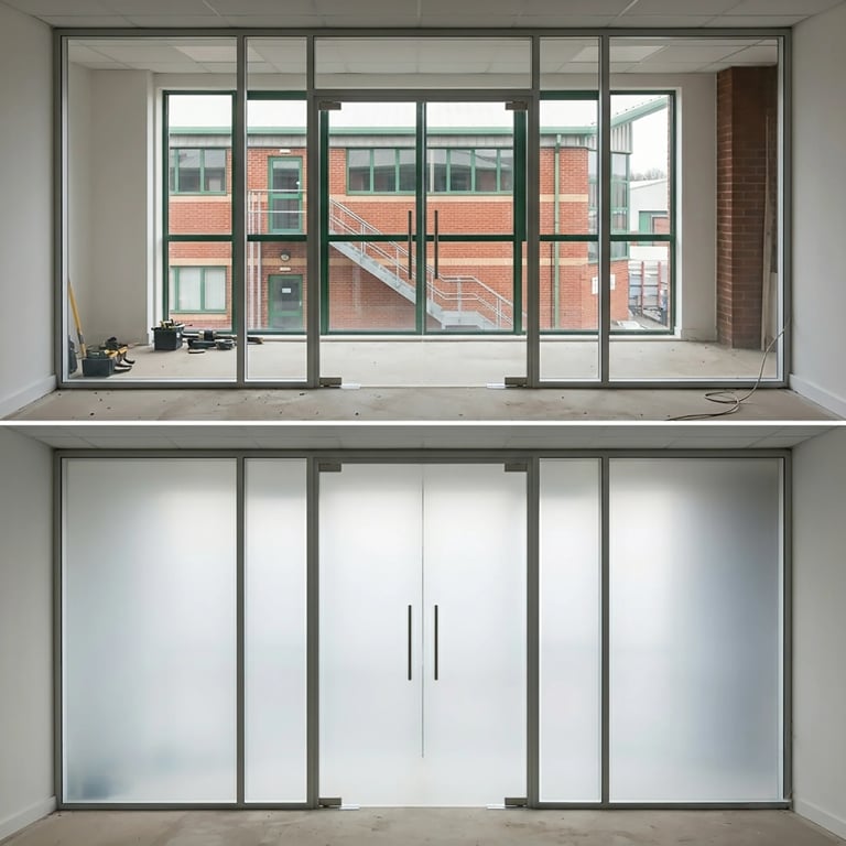 Modern interior with large multi-pane windows overlooking brick buildings, frosted glass doors below
