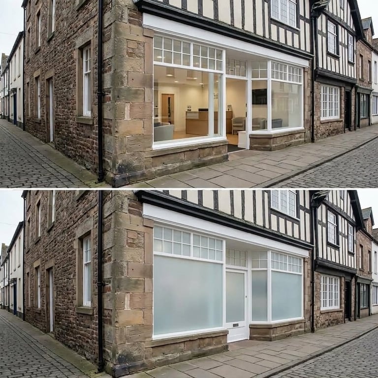 Before and after comparison of a historic stone building storefront with modern window installations on a cobbled street