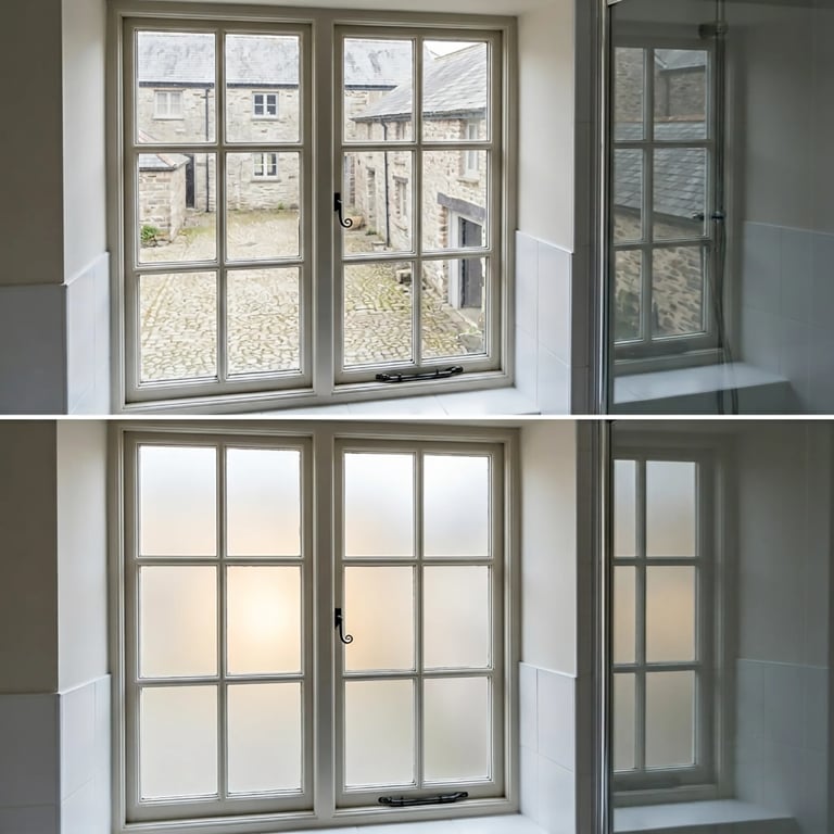 Before and after comparison of window treatments showing clear glass windows with outdoor view above and frosted/privacy windows below