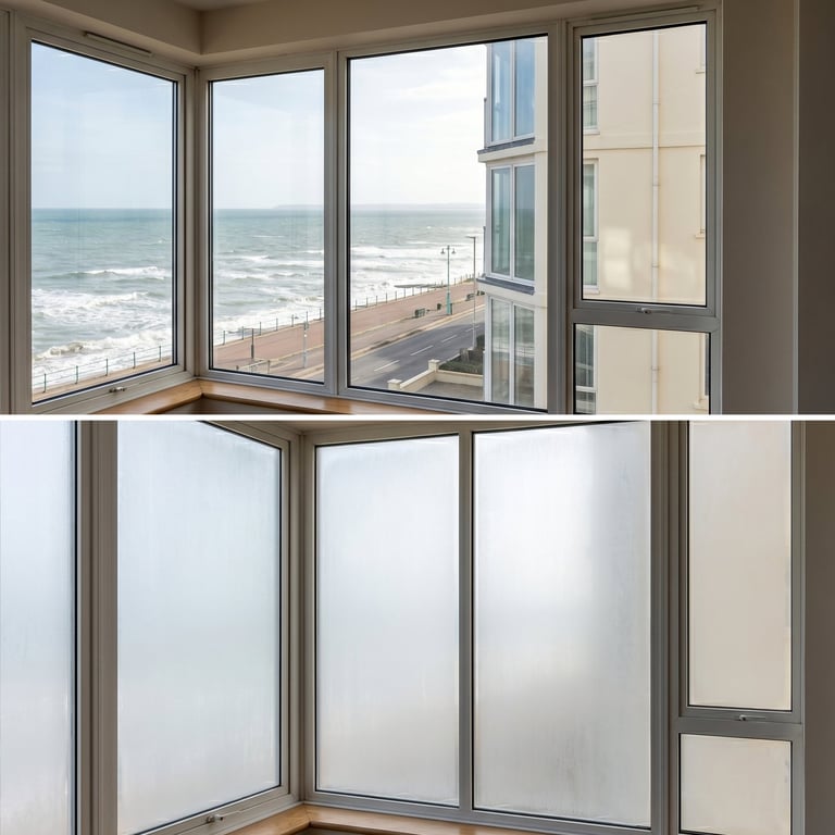 Comparison of before and after frosted privacy film applied to corner windows overlooking a beach with ocean waves visible.