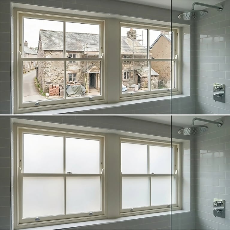 Bathroom window before and after frosted glass application, showing clear view of buildings above and translucent privacy coating below