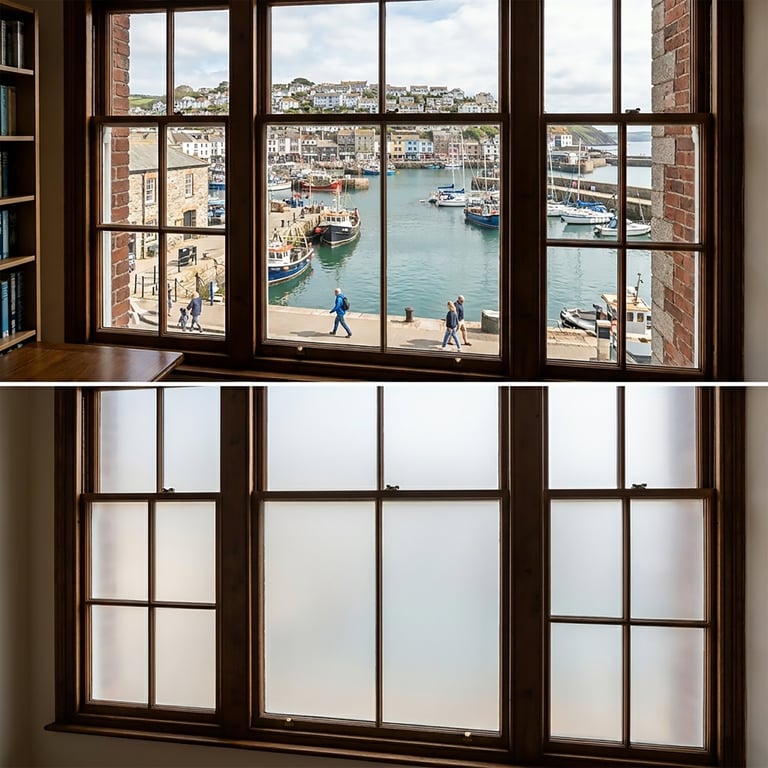 Dark-framed windows showing a coastal harbor with boats, colorful buildings, and pedestrians below; comparison with frosted glass windows above