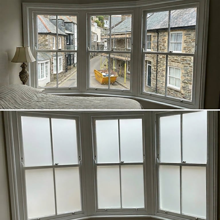 Bay windows showing before and after: top image displays clear view of stone buildings outside with yellow chair, bottom shows frosted glass for privacy