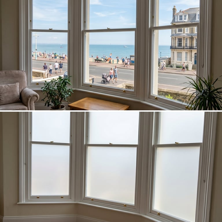 Split image showing bay windows with clear beach views above and frosted glass below, with plants and furnished seating visible indoors.