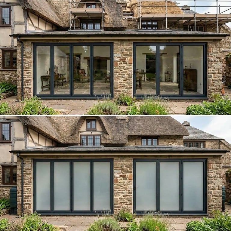 Before and after comparison of a stone cottage with new large black-framed glass doors and windows installed
