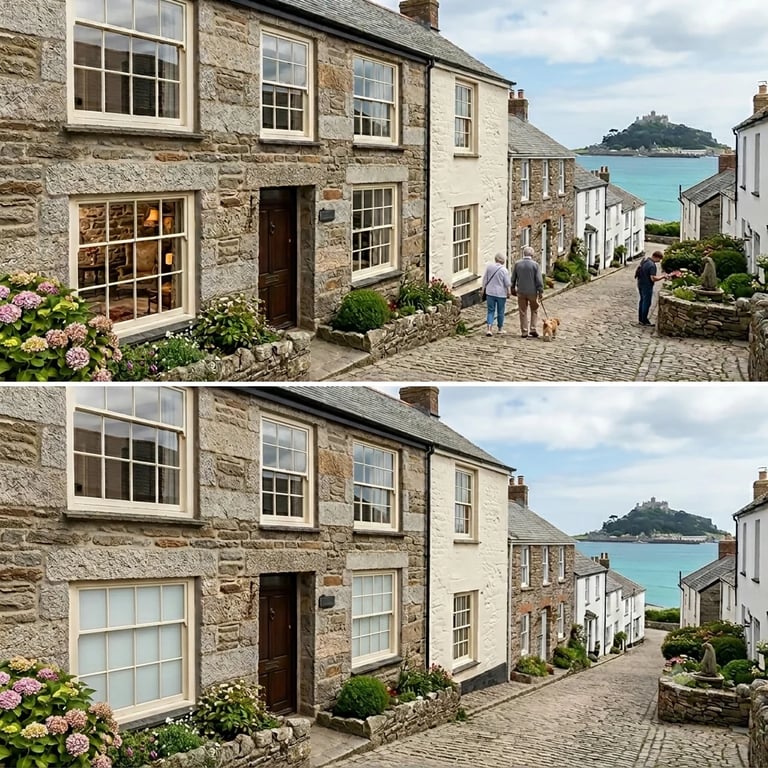 Before and after architectural renderings of a stone cottage street with turquoise sea and castle visible in the distance