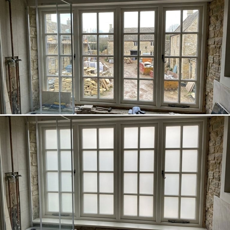 Before and after comparison of large multi-pane windows with construction site visible outside, then frosted glass for privacy