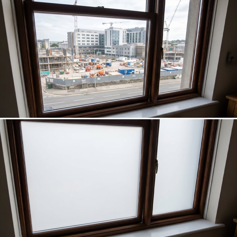 Before and after comparison of window privacy film installation, showing city construction site view and frosted glass finish