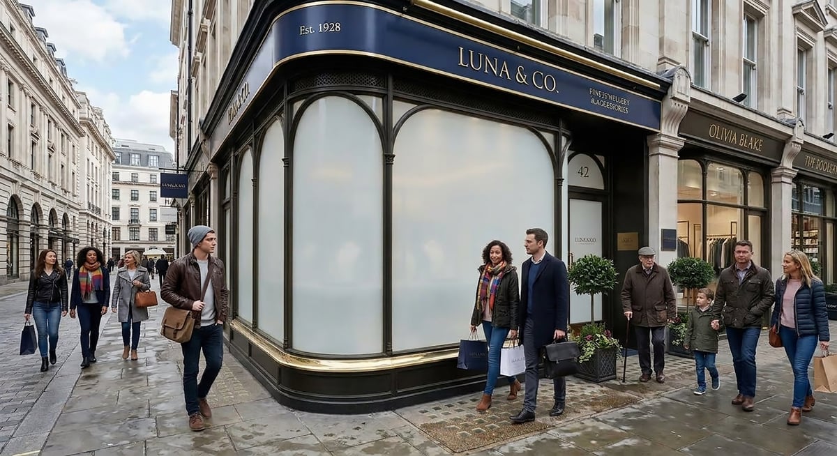 Luxury retail storefront Luna & Co with dark blue signage, large display windows, and pedestrians on a European city street