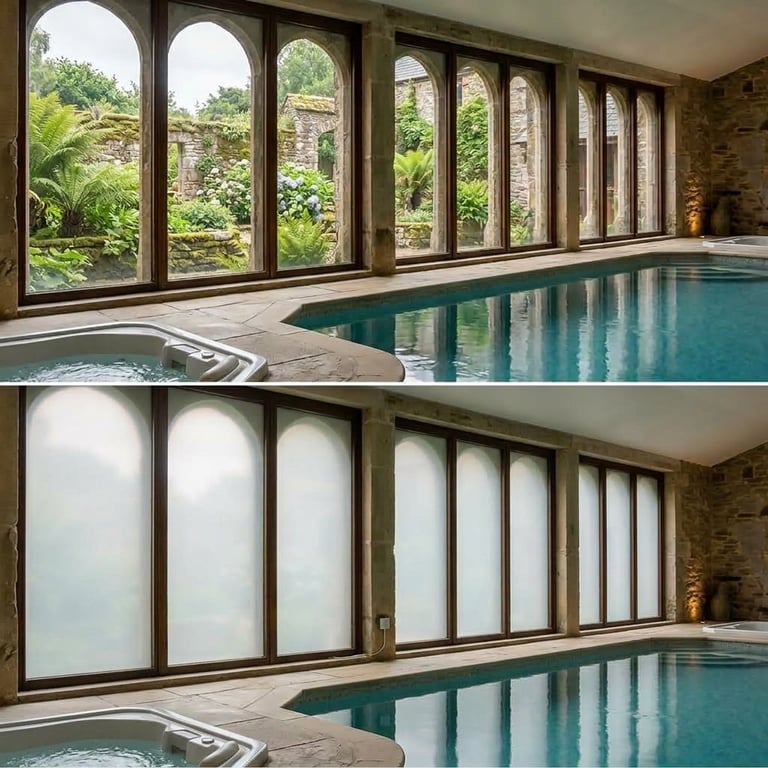 Indoor swimming pool with large arched windows showing before and after smart glass transformation from clear to frosted privacy glass