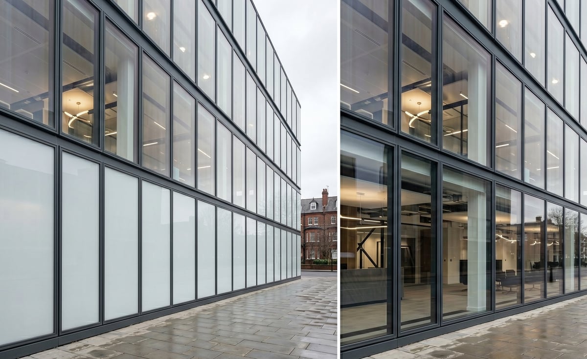 Modern glass and metal building facade with large windows flanking a brick structure on wet pavement