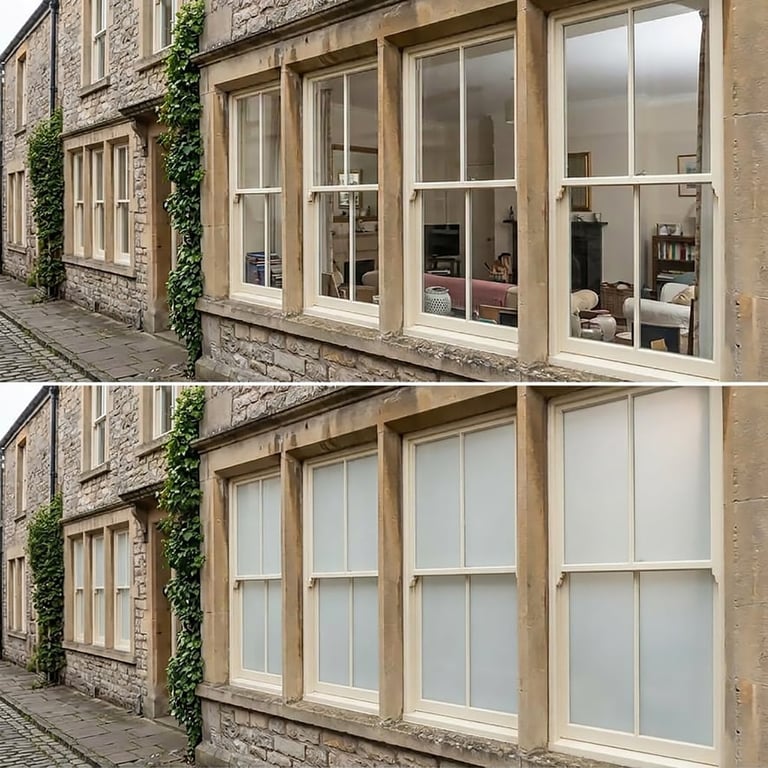 Before and after comparison of storefront windows with frosted glass privacy film applied to the lower window panes