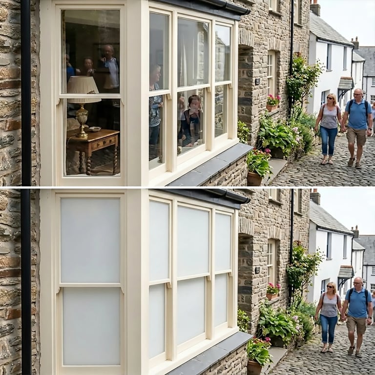 Before and after comparison of a stone cottage with white-framed bay windows, showing interior visibility in the top image and frosted privacy glass in the bottom image