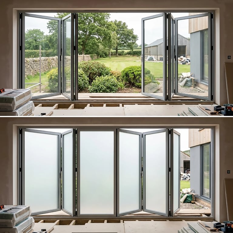 Bifold patio doors shown in open and closed positions, displaying view of garden and countryside landscape