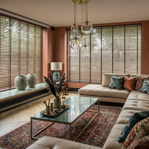 Modern living room with cream sectional sofa and large window shutters