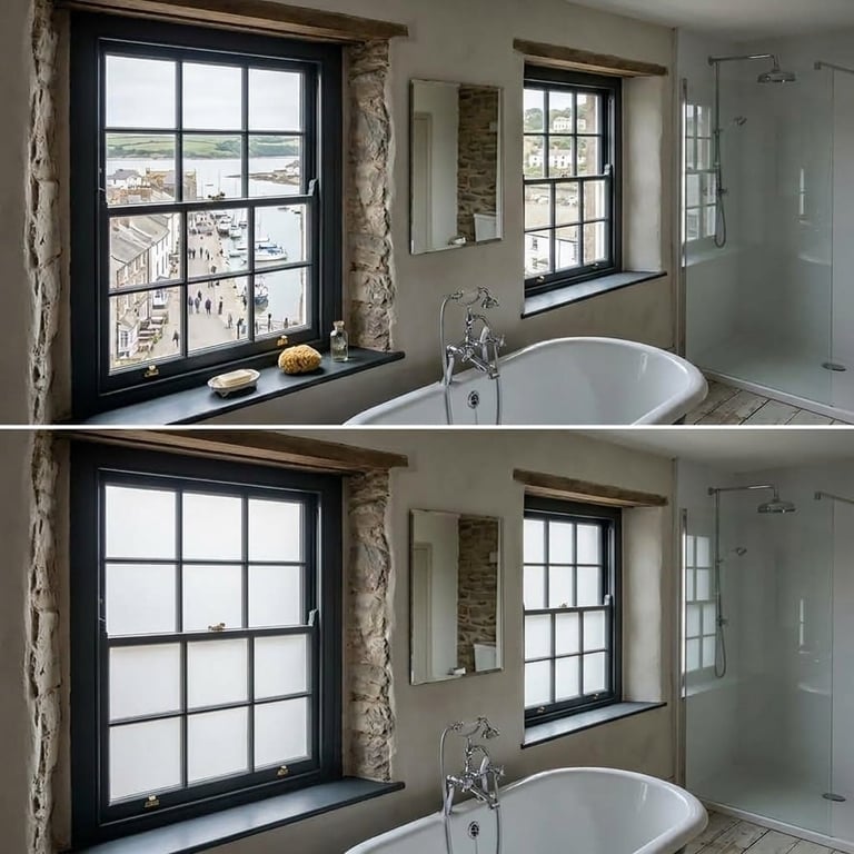 Bathroom with white soaking tub, black-framed windows overlooking cityscape, and glass shower enclosure. Two images showing day and night views.