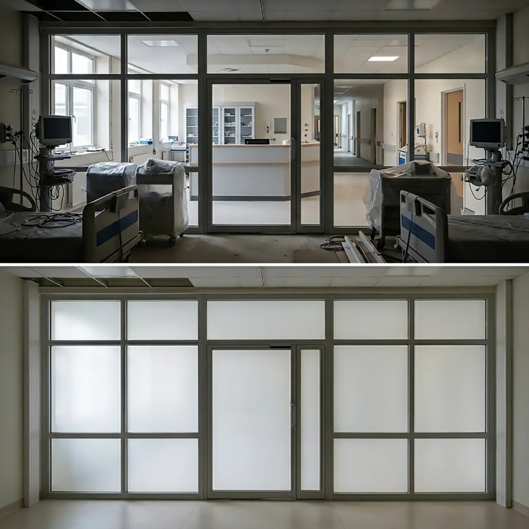 Before and after comparison of frosted glass office partition installation showing transparency and privacy features