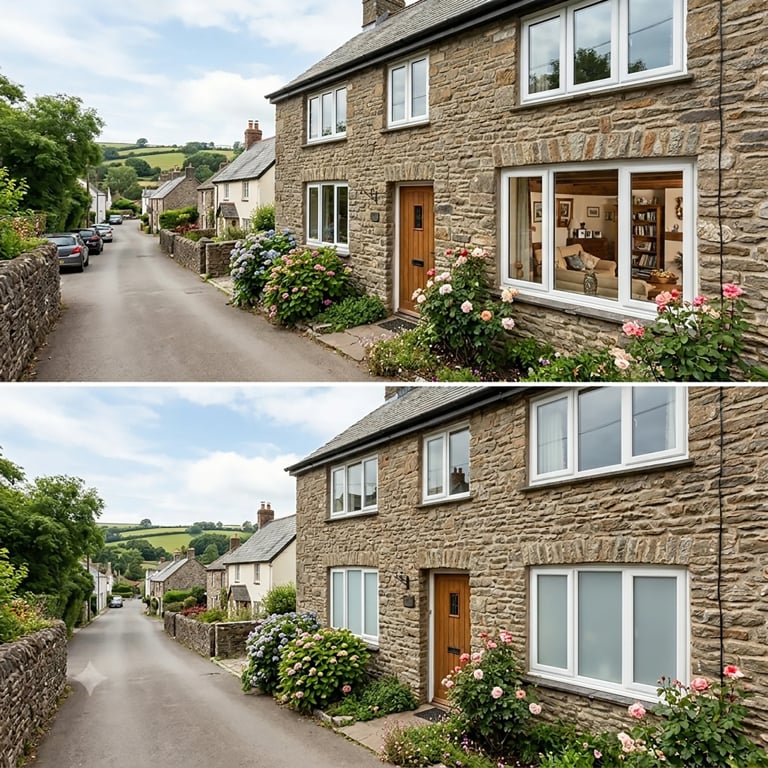 Before and after comparison of a stone cottage exterior showing window and storefront modifications to the facade
