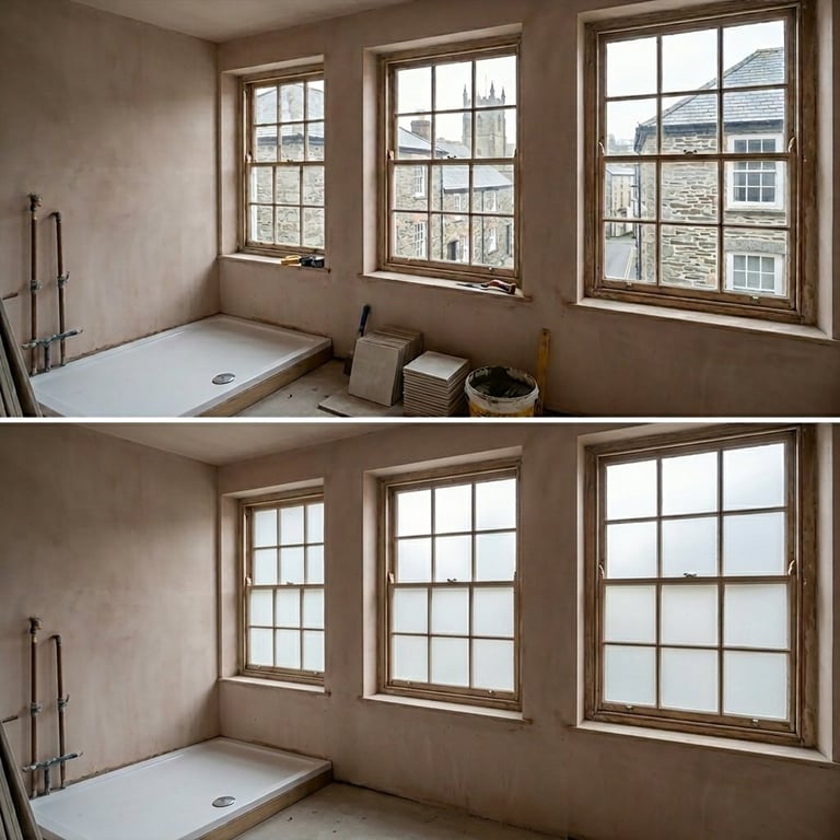 Before and after comparison of a bathroom with newly installed frosted privacy glass on windows, showing improved light and privacy