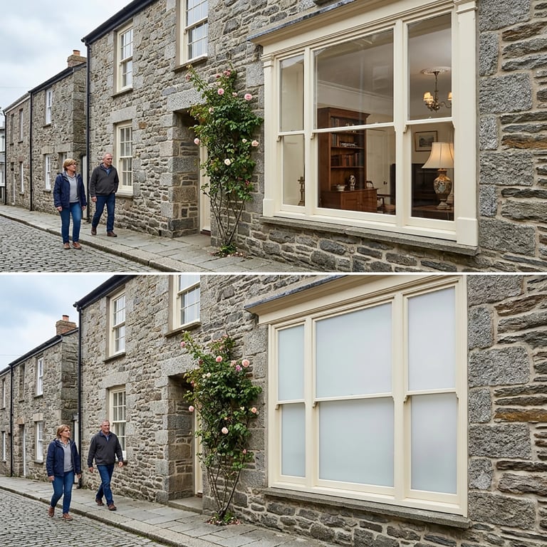 Before and after comparison of a stone cottage exterior showing window replacement, with two people walking on a cobblestone street