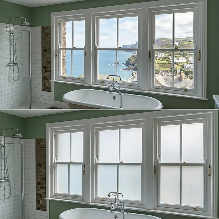 Before and after bathroom windows showing coastal ocean view and frosted privacy treatment