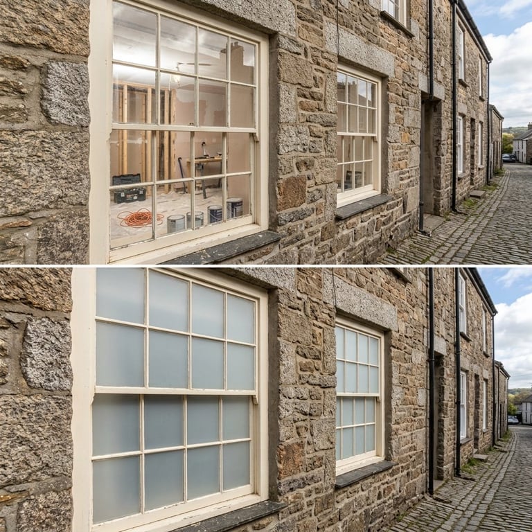 Before and after comparison of stone cottage exterior showing window replacement upgrade