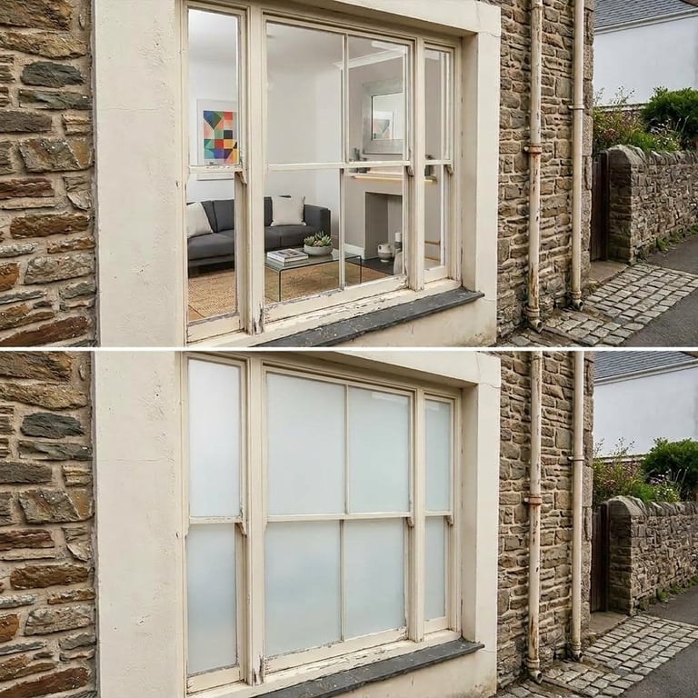 Before and after comparison of glass doors and windows on a stone house with frosted film applied to the bottom view