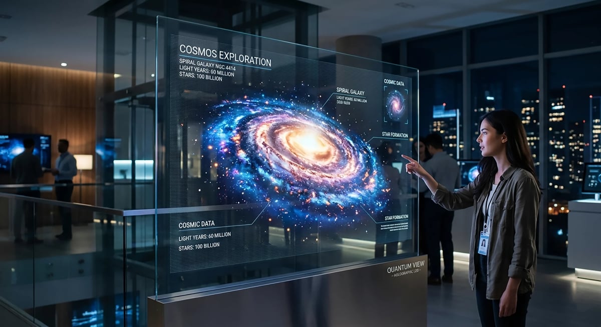 Visitor viewing an interactive digital display of a spiral galaxy in a modern museum with city skyline visible through windows