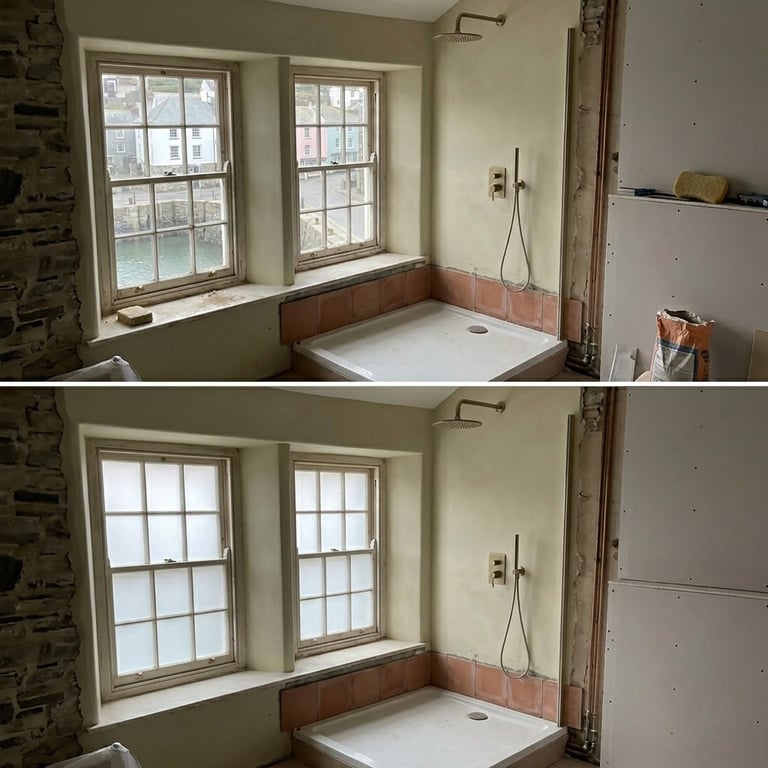 Before and after bathroom renovation showing windows, walls painted sage green, and white corner shower unit with pink tile surround